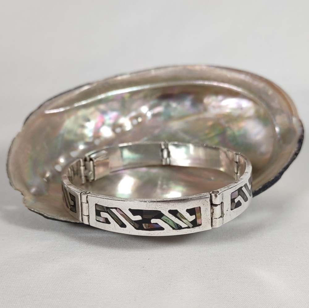 Vintage Taxco Sterling Silver Abalone Inlayed 5 Panel 7" Bracelet - Picture 5 of 8